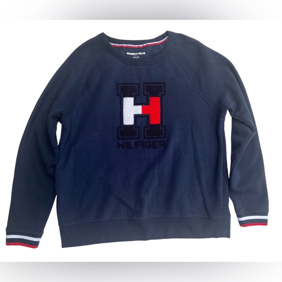 Women’s navy blue Tommy Hilfiger crew neck sweatshirt with raised logo size L - Picture 1 of 10